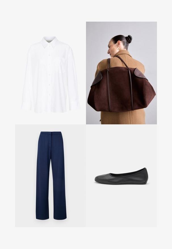 Biela košeľa s dlhým rukávom a golierom vyrobená z bavlny. Má zapínanie na gombíky vpredu a jednu náprsníku vrecko. Hladká textúra, voľný strih.; Námornícky modré, široké nohavice vyrobené z mäkkého, elastického materiálu, s hladkým pásom a diskrétnymi bočnými vreckami.; Čierne kožené baleríny s okrúhlou špičkou, hladkým povrchom, minimálnym prešívaním a flexibilným dizajnom podrážky.; Hnedá semišová kabelka s tmavými koženými doplnkami, so štruktúrovaným tvarom a dvojitými popruhmi, držaná na pleci proti béžovému kabátu.