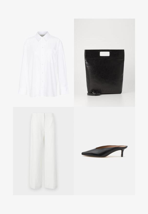 Valge pika käisega krae särg, mis on valmistatud puuvillast. Omab nööbipaneeli esiosa ja ühte rinna taskut. Sujuv tekstuur, vabalt lõigatud.; Valged laiad püksid siledast tekstuurist, millel on tasane esiosa ja pressitud voldid. Valmistatud kergest kangast, ilma nähtavate mustriteta.; Mustri mustad nahast ketsid terava nina ja madala plokkninas. Sile tekstuur ja elegantne disain. Avatud selg, minimaalse detailimisega.; Must mustrikotest läikega must nahast kott ruudukujulise käepidemega, millel on tekstuuriga viimistlus ja reljeefne logo. Kohandatav rihm on eemaldatav.