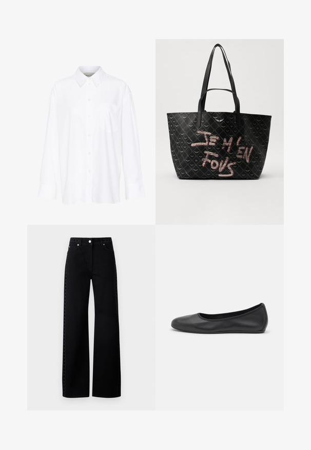 Camisa branca de manga longa com colarinho feita de algodão. Apresenta uma parte frontal com botões e um único bolso no peito. Textura suave, corte descontraído.; Calças de ganga pretas de pernas largas com um detalhe texturizado na lateral e fecho de botão, apresentando um design clássico de cinco bolsos e um acabamento suave.; Bailarina preta em pele com bico arredondado, textura suave, detalhe de costura minimalista e design de sola flexível.; Saco tote preto com material texturizado apresentando um padrão de diamante, alças de ombro e texto audacioso em vermelho e branco a dizer "JE M'EN FOUS."