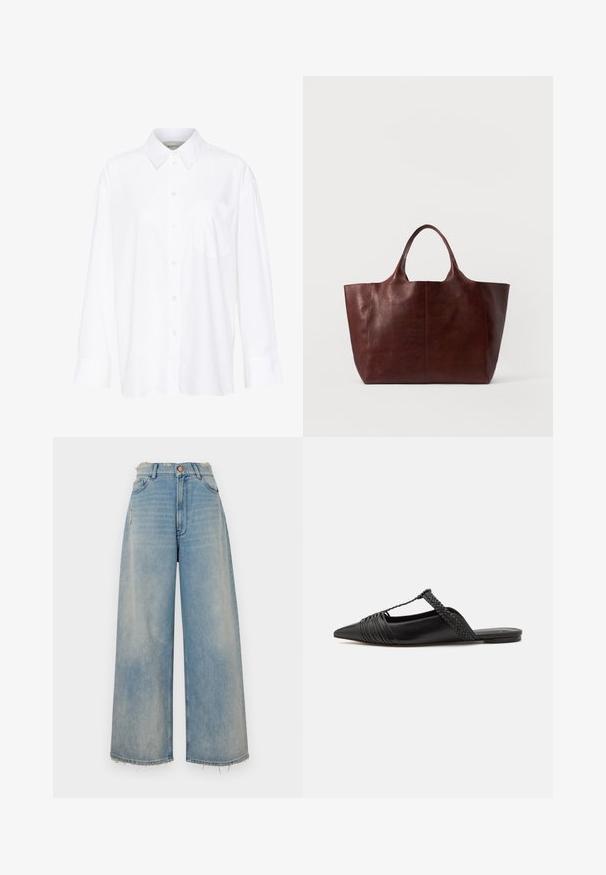 White long-sleeve collared shirt made of cotton. Features a button-down front and a single chest pocket. Smooth texture, relaxed fit.; Light blue denim wide-leg jeans with a frayed hem, five pockets, and a button closure. Features slight distressing on the front.; Black leather slingback shoe with a pointed toe, featuring a woven accent and pleated upper design. Flat sole with minimal hardware.; Brown leather tote bag with a smooth texture, wide body, and two short handles. Features minimal stitching, no visible hardware or accents.