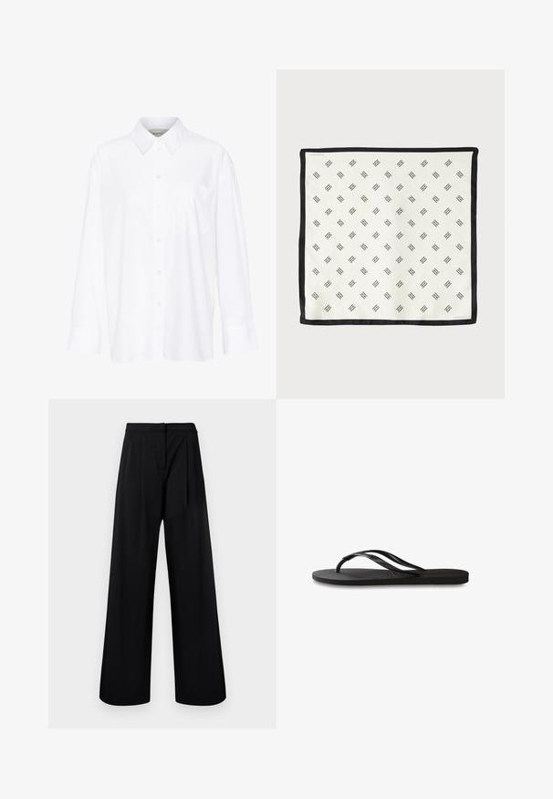 Witte lange mouwen overhemd met kraag van katoen. Voorzien van een knoopsluiting aan de voorkant en een enkele borstzak. Een gladde textuur en een ontspannen pasvorm.; Zwarte wijde broek van soepel materiaal, voorzien van een hoge taille en geplooide details. Geen zichtbare versieringen of patronen.; Zwarte flip-flop met een gestructureerde rubberen zool, twee slanke banden en een subtiele, ingedrukte logo-detail op de band.; Witte zijden sjaal met een herhalend zwart geometrisch patroon, omzoomd met een effen zwarte rand. Lichtgewicht met een gladde textuur.
