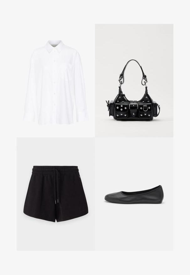 Chemise blanche à manches longues avec col, en coton. Présente un devant à boutons et une poche poitrine unique. Texture lisse, coupe décontractée.; Shorts de sport noirs en tissu doux. Dotés d'une taille élastique avec cordon de serrage, de poches latérales et d'une coupe décontractée.; Ballerines en cuir noir avec un bout rond, texture lisse, détails de couture minimalistes et design de semelle flexible.; Sac à main en cuir noir au design courbé, avec des clous en argent, une boucle et deux poches latérales. Bandoulière réglable pour différentes options de transport.