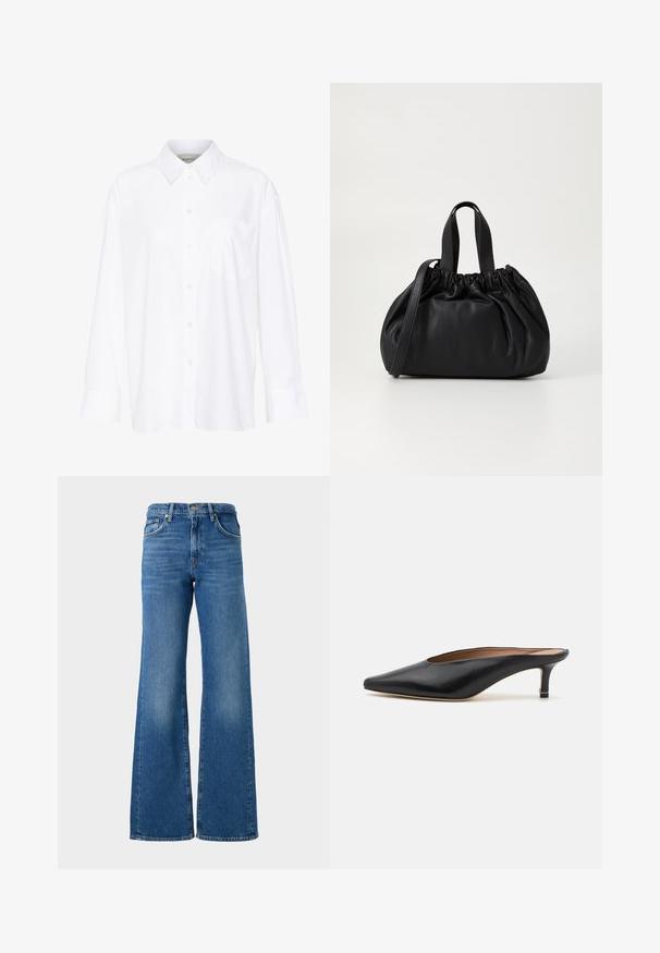White long-sleeve collared shirt made of cotton. Features a button-down front and a single chest pocket. Smooth texture, relaxed fit.; Wide-leg blue jeans with a faded finish, made of denim, featuring a classic five-pocket design and brass button closure at the waistband.; Black leather mules with a pointed toe and low, block heel. Smooth texture with a sleek design. Open back with minimal detailing.; Black leather handbag with a gathered top design, featuring two short handles and a long adjustable strap. Smooth texture, rounded shape.