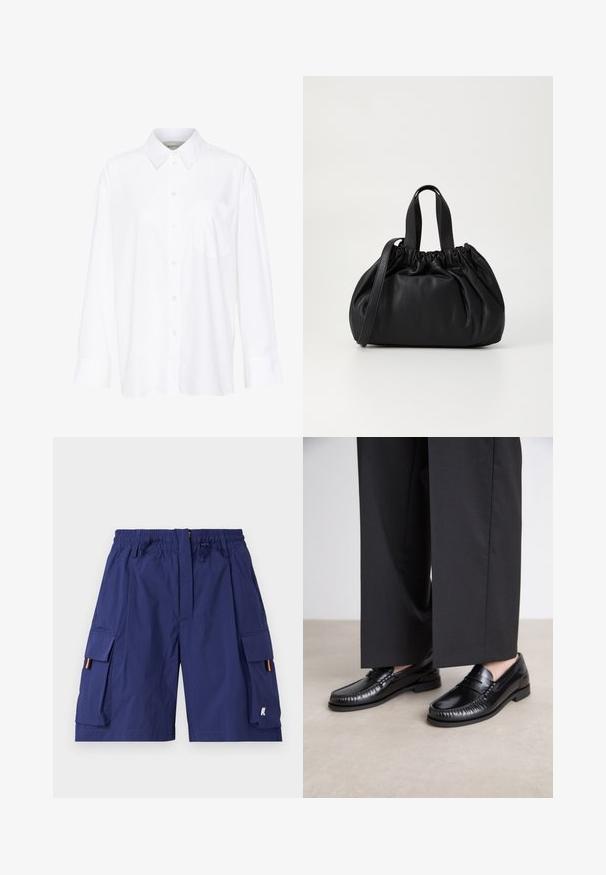 Valge pika käisega krae särg, mis on valmistatud puuvillast. Omab nööbipaneeli esiosa ja ühte rinna taskut. Sujuv tekstuur, vabalt lõigatud.; Tumedast sinise värvi cargo lühikesed püksid elastse vöökohtadega, nööriga, mitme külje taskuga ja oranžide aktsentidega küljetaskute avades.; Mustadest nahast loaferdest on sile pind, õmmeldud detaile varvaste ümber ja madal kummitald. Kombineeritud laia musta pükste jaoks.; Mustmust mustkott mustrihmaga ülaosa disainiga, millel on kaks lühikest käepidet ja pikk reguleeritav rihm. Sile tekstuur, ümar kuju.