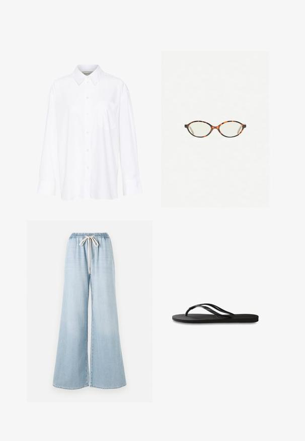 Biała, długosleeve'owa koszula z kołnierzykiem, wykonana z bawełny. Posiada zapięcie na guziki z przodu oraz jedną kieszeń na piersi. Gładka tekstura, luźny krój.; Jasnoniebieskie jeansy o szerokich nogawkach wykonane z denimu, z elastycznym paskiem w talii i sznurkiem do regulacji oraz gładką teksturą.; Czarne klapki z teksturowaną gumową podeszwą, dwiema smukłymi paskami oraz subtelnym, wytłoczonym logo na pasku.; Okulary w kolorze tortoiseshell z owalnymi soczewkami i gładkim, eleganckim wykończeniem. Posiadają cienkie boki z delikatnym łukiem w okolicy skroni. Przezroczyste soczewki.
