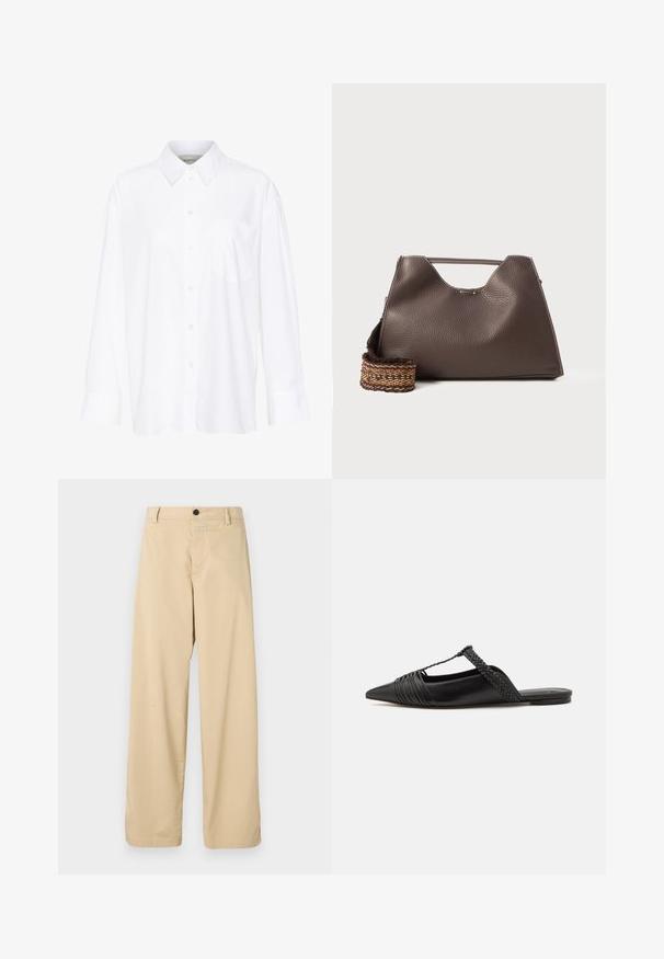 Witte lange mouwen overhemd met kraag van katoen. Voorzien van een knoopsluiting aan de voorkant en een enkele borstzak. Een gladde textuur en een ontspannen pasvorm.; Beige katoenen broek met een recht model, voorzien van een ritssluiting aan de voorkant, een enkele zwarte knop en twee zijzakken.; Zwarte leren slingback schoen met een puntige neus, voorzien van een gevlochten accent en geplooid ontwerp aan de bovenkant. Platte zool met minimale hardware.; Bruine leren handtas met een gestructureerde afwerking, hoekig ontwerp en een kenmerkende bovenhandgreep. Beschikt over een gestreepte geweven riemdetail.