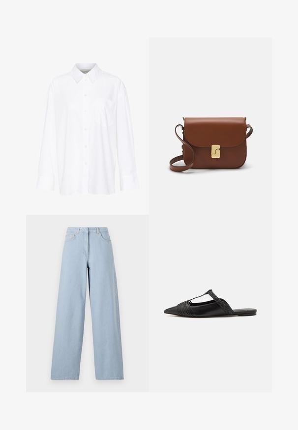Camisa branca de manga longa com colarinho feita de algodão. Apresenta uma parte frontal com botões e um único bolso no peito. Textura suave, corte descontraído.; REMAIN COCOON PANTS - Wide leg - light blue; Sapatilha slingback em couro preto com bico pontudo, apresentando um detalhe trançado e um design superior plissado. Sola plana com hardware mínimo.; Bolsa de couro castanho com fecho de aba, decoração em tom dourado, alça de ombro e textura suave. Formato retangular compacto.