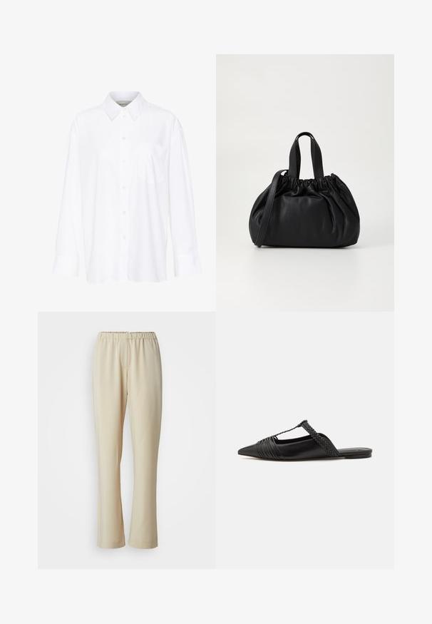 White long-sleeve collared shirt made of cotton. Features a button-down front and a single chest pocket. Smooth texture, relaxed fit.; Beige, lightweight trousers with an elastic waistband, straight legs, and a smooth texture, featuring no visible patterns or accents.; Black leather slingback shoe with a pointed toe, featuring a woven accent and pleated upper design. Flat sole with minimal hardware.; Black leather handbag with a gathered top design, featuring two short handles and a long adjustable strap. Smooth texture, rounded shape.