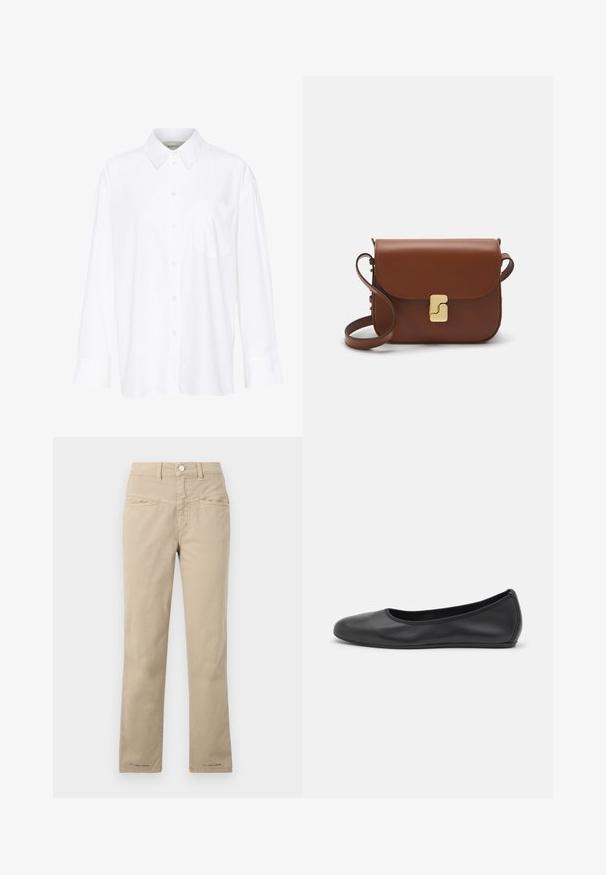 White long-sleeve collared shirt made of cotton. Features a button-down front and a single chest pocket. Smooth texture, relaxed fit.; Beige cotton pants with a straight-leg design, featuring a front button closure, two front pockets, and subtle stitching details.; Black leather ballet flat with a rounded toe, smooth texture, minimal stitching detail, and a flexible sole design.; Brown leather handbag with a flap closure, gold-tone hardware, a shoulder strap, and a smooth texture. Compact rectangular shape.