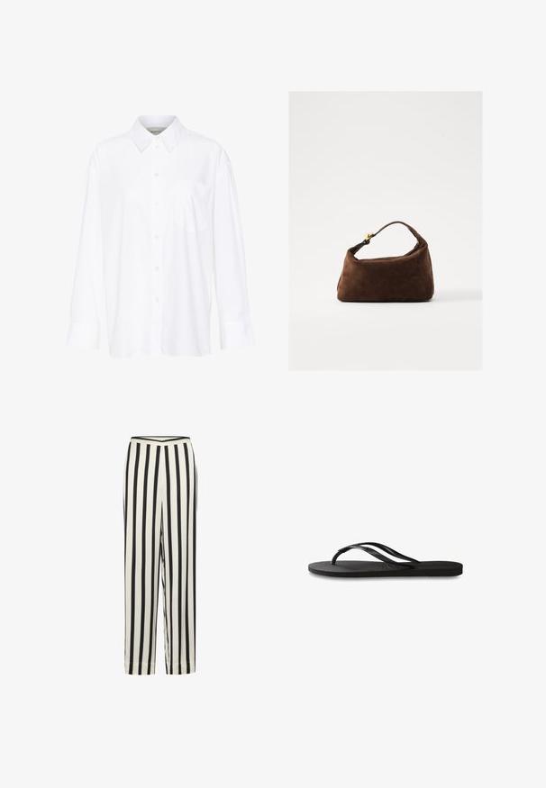 Biela košeľa s dlhým rukávom a golierom vyrobená z bavlny. Má zapínanie na gombíky vpredu a jednu náprsníku vrecko. Hladká textúra, voľný strih.; Čierno-biele pruhované nohavice so rovnými nohavicami a elastickým pásom. Vyrobené z ľahkej tkaniny s hladkou štruktúrou.; Čierne žabky s textúrovanou gumovou podrážkou, dvoma štíhlymi popruhmi a diskrétnym embosovaným logom na popruhu.; Hnedá semišová kabelka s zakriveným tvarom, krátkym držadlom a zlatými kovovými detailmi. Hladký povrch a minimalistický dizajn.