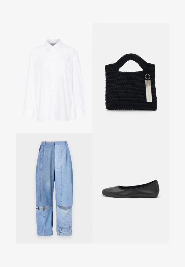 Valkoinen pitkähihainen kauluspaita, joka on valmistettu puuvillasta. Paidassa on napitettava etuosuus ja yksi rintatasku. Pehmeä pinta, rento malli.; Farkut, joissa on päällekkäin ommeltu muotoilu erilaisilla sinisen sävyillä, rento istuvuus, useita taskuja ja leikattu yksityiskohta helmassa.; Musta nahkainen ballerina, jossa on pyöristetty kärki, sileä pinta, minimaalinen ommelkoristelu ja joustava pohjamuotoilu.; Won Hundred MARSIELLE COMPUTER BAG UNISEX - Tietokonelaukku - black
