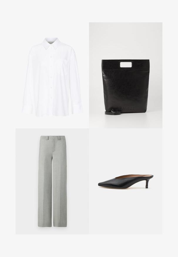 Hvit langermet skjorte med krage laget av bomull. Den har en knappestolpe foran og en enkelt brystlomme. Glatt tekstur og avslappet passform.; Grå vide bukser i et let materiale med flad front, bæltestropper og rene, skrædderlavede linjer uden synlige mønstre.; Sorte lærmules med spiss tå og lav, blokkert hæl. Glatt tekstur med et elegant design. Åpen bak med minimal detaljering.; Svart lær tote veske med firkantet håndtak, med teksturert overflate og preget logo. Inkluderer en avtagbar stropp.