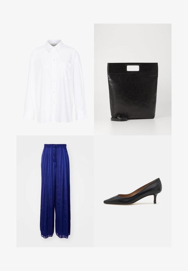 Hvit langermet skjorte med krage laget av bomull. Den har en knappestolpe foran og en enkelt brystlomme. Glatt tekstur og avslappet passform.; Lilla plissert vidbukser med teksturert finish, med høy midje og flytende silhuett, passende for både hverdagsbruk og formelle anledninger.; Svart lærpumpe med spiss tå, lav kittenhæl, glatt tekstur og en subtil gullbesetning ved hælbasen.; Svart lær tote veske med firkantet håndtak, med teksturert overflate og preget logo. Inkluderer en avtagbar stropp.