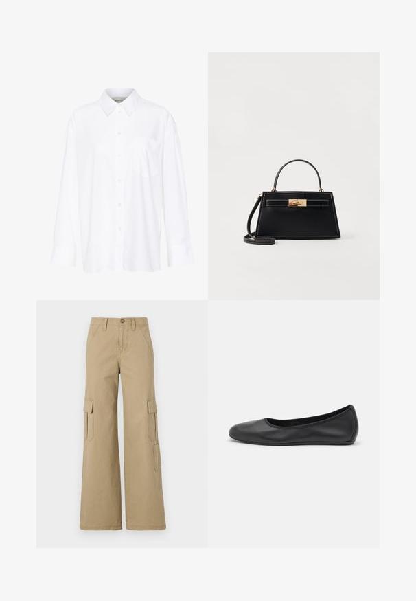 Bijela košulja dugih rukava s kragnom, izrađena od pamuka. Ima kopčanje s gumbima sprijeda i jednu džep na prsima. Glatka tekstura, ležeran kroj.; Beige cargo hlače sa širokim nogavicama, koje imaju dva bočna džepa sa preklopom, kopčanje na dugme i glatku pamučnu tkaninu.; Crne kožne baletanke s zaobljenim vrhom, glatke teksture, minimalnim detaljima šavova i fleksibilnim dizajnom potplata.; Crna kožna torba sa strukturiranim trapezoidnim oblikom, zlatnim kopčom i kontrastnim bijelim šavovima. Dolazi s kratkom ručkom i dugim remenom.