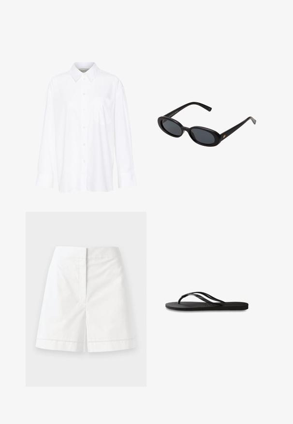 Camicia bianca a maniche lunghe con colletto in cotone. Caratterizzata da una chiusura con bottoni e una tasca sul petto singola. Tessuto liscio, vestibilità comoda.; Pantaloni corti bianchi in cotone con taglio dritto, caratterizzati da una texture liscia, tasche posteriori e una cucitura decorativa lungo l'orlo.; Infradito neri con suola in gomma testurizzata, due cinghie sottili e un sottile dettaglio del logo impresso sulla cinghia.; Occhiali da sole neri oversize con lenti ovali, montatura in plastica liscia e accenti dorati sulle tempie. Le lenti scure offrono protezione dal sole.; Borsa a tracolla in pelle nera con forma rettangolare strutturata. Presenta una chiusura ovale dorata e una sottile tracolla. Texture liscia.