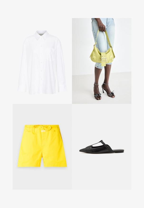 White long-sleeve collared shirt made of cotton. Features a button-down front and a single chest pocket. Smooth texture, relaxed fit.; Yellow swim shorts with an elastic waistband and adjustable drawstring. Features a smooth texture and no visible patterns or accents.; Black leather slingback shoe with a pointed toe, featuring a woven accent and pleated upper design. Flat sole with minimal hardware.; Yellow perforated handbag with a buckle detail and adjustable strap, paired with denim shorts and black high-heeled sandals with bows.