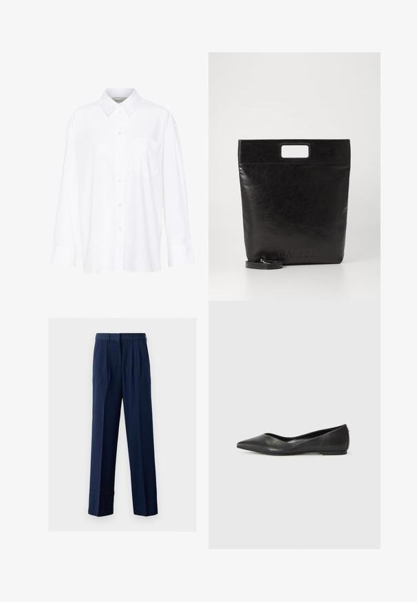 Chemise blanche à manches longues avec col, en coton. Présente un devant à boutons et une poche poitrine unique. Texture lisse, coupe décontractée.; Pantalon tailleur bleu marine avec plis, coupe droite, fabriqué en tissu léger. Dispose d'une taille avec passants de ceinture.; Ballerines en cuir noir avec un bout pointu, un talon bas et une texture lisse. Design minimal avec une subtile accent latéral.; Sac fourre-tout en cuir noir avec une poignée carrée, arborant une finition texturée et un logo en relief. Comprend une bandoulière amovible.