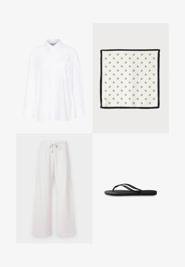 Biela košeľa s dlhým rukávom a golierom vyrobená z bavlny. Má zapínanie na gombíky vpredu a jednu náprsníku vrecko. Hladká textúra, voľný strih.; Svetloružové, široké teplákové nohavice s pásom na šnúrku, vyrobené z mäkkého materiálu; majú hladkú textúru a žiadne viditeľné vzory alebo potlače.; Čierne žabky s textúrovanou gumovou podrážkou, dvoma štíhlymi popruhmi a diskrétnym embosovaným logom na popruhu.; Biely hodvábny šál s opakujúcim sa čiernym geometrickým vzorom, olemovaný pevným čiernym okrajom. Ľahký s hladkou textúrou.