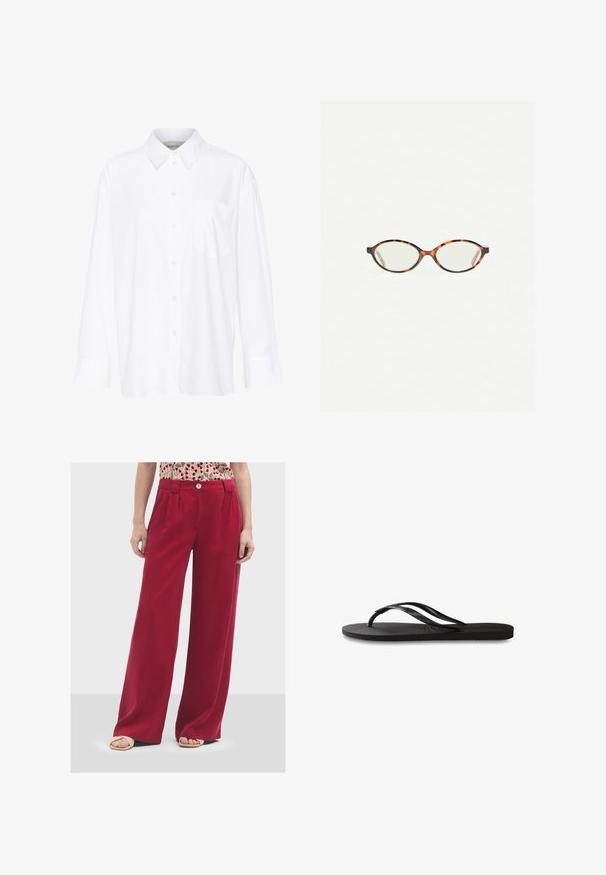 Hvid langærmet skjorte med krave lavet af bomuld. Har en knaplukning fortil og en enkelt brystlomme. Glat tekstur, afslappet pasform.; Bredde ben røde bukser lavet af blødt stof. Har en knaplukning og plisseringer foran. Glat tekstur med en afslappet pasform.; Sorte flip-flop med en tekstureret gummisål, to slanke stropper og et subtilt, præget logodetalje på stroppen.; Skildpaddebriller med ovale linser og en elegant, glat finish. Har tynde sider med en subtil kurve ved tindingerne. Klare linser.