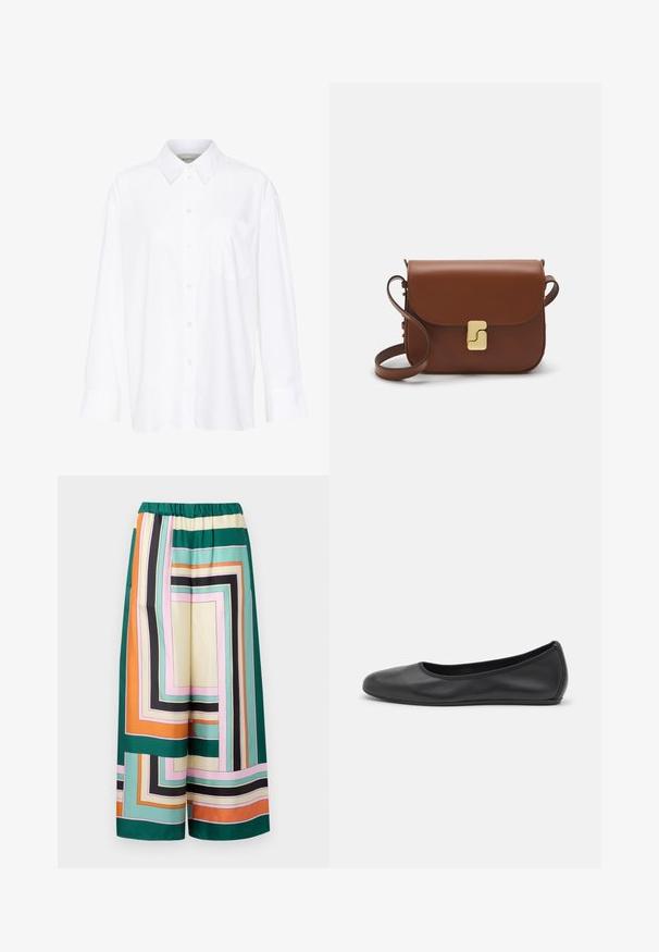 Hvid langærmet skjorte med krave lavet af bomuld. Har en knaplukning fortil og en enkelt brystlomme. Glat tekstur, afslappet pasform.; Viddebenede bukser i silke-blanding med et farverigt geometrisk mønster med striber i grøn, orange, pink og sort. Elastisk talje.; Sort læderballetsko med rund tå, glat tekstur, minimal syning og et fleksibelt såldesign.; Brun læder håndtaske med flaplukning, hardware i gyldent tone, en skulderrem og en glat overflade. Kompakt rektangulær form.