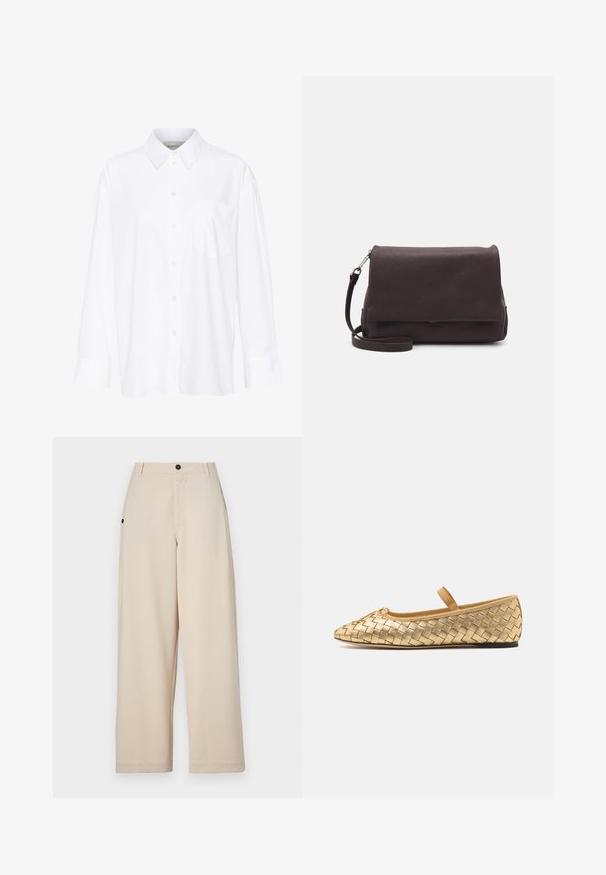 White long-sleeve collared shirt made of cotton. Features a button-down front and a single chest pocket. Smooth texture, relaxed fit.; Beige wide-leg trousers made of soft fabric, featuring a front button closure, side pockets, and a relaxed fit.; Loeffler Randall LEONIE SOFT BALLET FLAT - Ankle strap ballet pumps - gold; Tiger of Sweden LIMBIATE UNISEX - Cross body bag - pure decadence