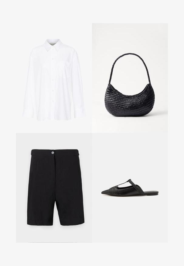 Witte lange mouwen overhemd met kraag van katoen. Voorzien van een knoopsluiting aan de voorkant en een enkele borstzak. Een gladde textuur en een ontspannen pasvorm.; Zwarte shorts van lichtgewicht stof, met een getailleerd ontwerp, knoopsluiting aan de voorkant, platte tailleband en rechte pijpen.; Zwarte leren slingback schoen met een puntige neus, voorzien van een gevlochten accent en geplooid ontwerp aan de bovenkant. Platte zool met minimale hardware.; DRAGON DIFFUSION NOVA LUNA - Handtas - black