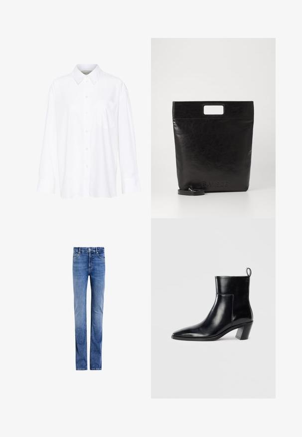 White long-sleeve collared shirt made of cotton. Features a button-down front and a single chest pocket. Smooth texture, relaxed fit.; Light blue denim jeans with a straight leg design, five-pocket styling, and classic front button closure. Faded wash with subtle whiskering.; Black leather ankle boot with a pointed toe, a geometric stacked heel, and a pull tab at the back. Smooth texture and sleek design.; Black leather tote bag with a square handle, featuring a textured finish and embossed logo. Includes a detachable strap.