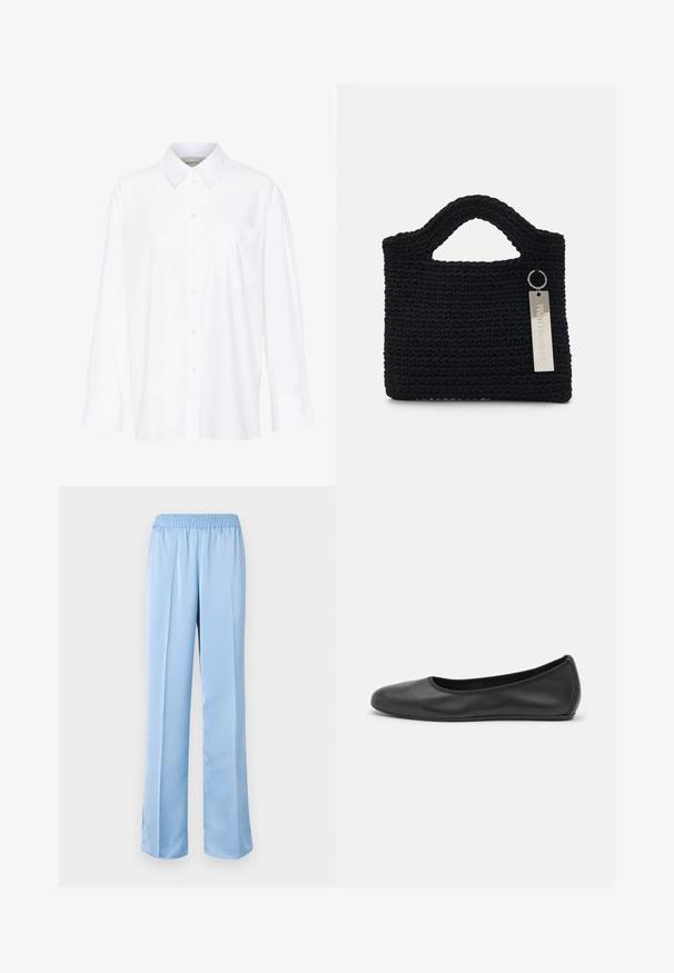 Bijela košulja dugih rukava s kragnom, izrađena od pamuka. Ima kopčanje s gumbima sprijeda i jednu džep na prsima. Glatka tekstura, ležeran kroj.; Svijetloplave hlače širokih nogavica s elastičnom gumicom u struku. Glatka tekstura, jednostavan dizajn i blago prošireni rub s bočnim prorezima na dnu.; Crne kožne baletanke s zaobljenim vrhom, glatke teksture, minimalnim detaljima šavova i fleksibilnim dizajnom potplata.; Won Hundred MARSIELLE COMPUTER BAG UNISEX - Torba za prijenosno računalo - black