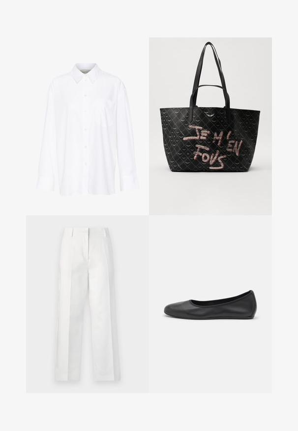 Chemise blanche à manches longues avec col, en coton. Présente un devant à boutons et une poche poitrine unique. Texture lisse, coupe décontractée.; Pantalons larges blancs en tissu léger, avec des plis à l'avant, deux poches arrière et une texture douce.; Ballerines en cuir noir avec un bout rond, texture lisse, détails de couture minimalistes et design de semelle flexible.; Sac fourre-tout noir en matériau texturé arborant un motif en losanges, avec des bretelles et un texte rouge et blanc audacieux inscrivant "JE M'EN FOUS."