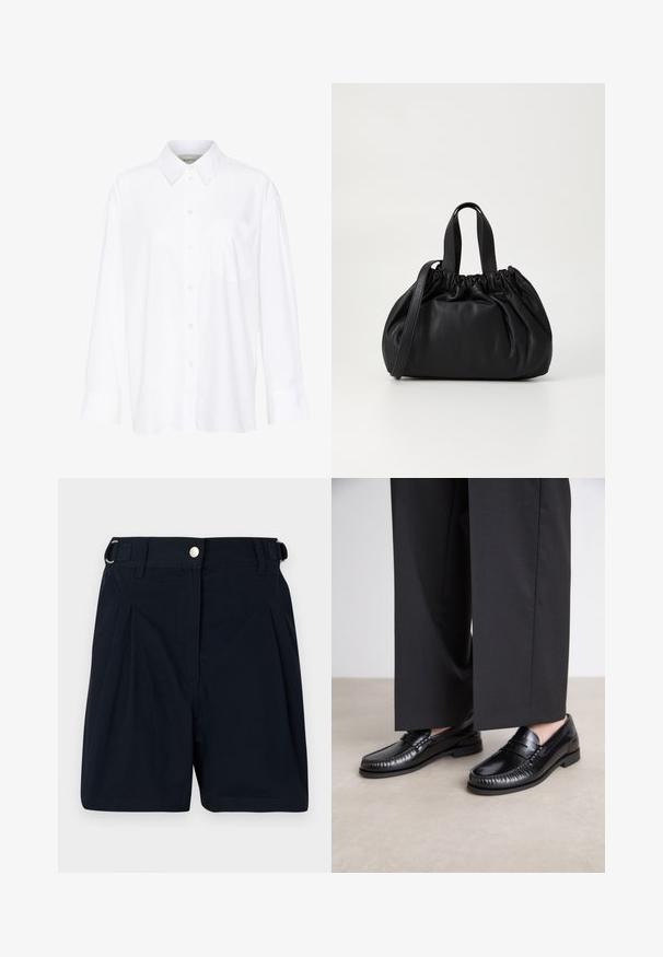 White long-sleeve collared shirt made of cotton. Features a button-down front and a single chest pocket. Smooth texture, relaxed fit.; Navy blue cotton shorts with pleated front, side belt loops, and a metal button closure. Smooth texture, tailored design.; Black leather loafers with a smooth finish, stitched detailing around the toe, and a low rubber sole. Paired with wide black trousers.; Black leather handbag with a gathered top design, featuring two short handles and a long adjustable strap. Smooth texture, rounded shape.