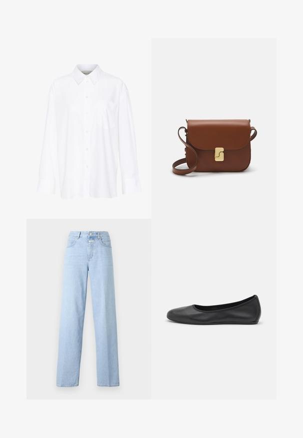 Balta ilgomis rankovėmis marškiniai su apykakle, pagaminti iš medvilnės. Su mygtukų užsegimu priekyje ir viena krūtinės kišenė. Lygus paviršius, laisvas siluetas.; Šviesiai mėlynos, aukšto liemens džinsai su tiesaus kirpimo klešnėmis. Pagaminti iš džinsinio audinio, turi penkis kišenes ir priekinį mygtuką. Minimalistinis dizainas.; Juodai odiniai baletai su apvaliu pirštu, lygi texture, minimalus siuvimo detales ir lanksčiu padų dizainu.; Ruda odinė rankinė su uždaromu dangteliu, aukso spalvos detalėmis, petneša ir lygiu paviršiumi. Kompaktiška stačiakampio formos.