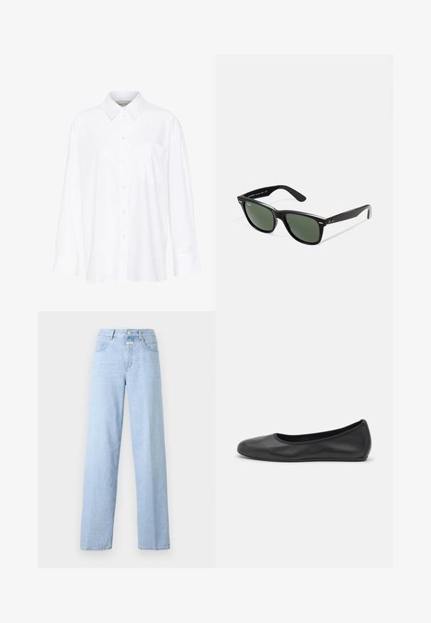 Valge pika käisega krae särg, mis on valmistatud puuvillast. Omab nööbipaneeli esiosa ja ühte rinna taskut. Sujuv tekstuur, vabalt lõigatud.; Heledad sinine, kõrge vöökohaga teksad sirge säärega. Valmistatud denimist, sisaldab viit taskut ja esist nuppude kinnitust. Minimalistlik disain.; Musthave mustika tantsutossud mustast nahast, ümmarguse varbaga, siledast tekstuurist, minimaalse õmblusdetailiga ja paindliku tallakujundusega.; Mustad mustan plastiku prillid roheliste läätsedega, ruudukujulised raamid, hõbedane aksent kulmude peal ja tekstuuriga tempelkäed. Brändi nimi on märgitud sisevarrele.