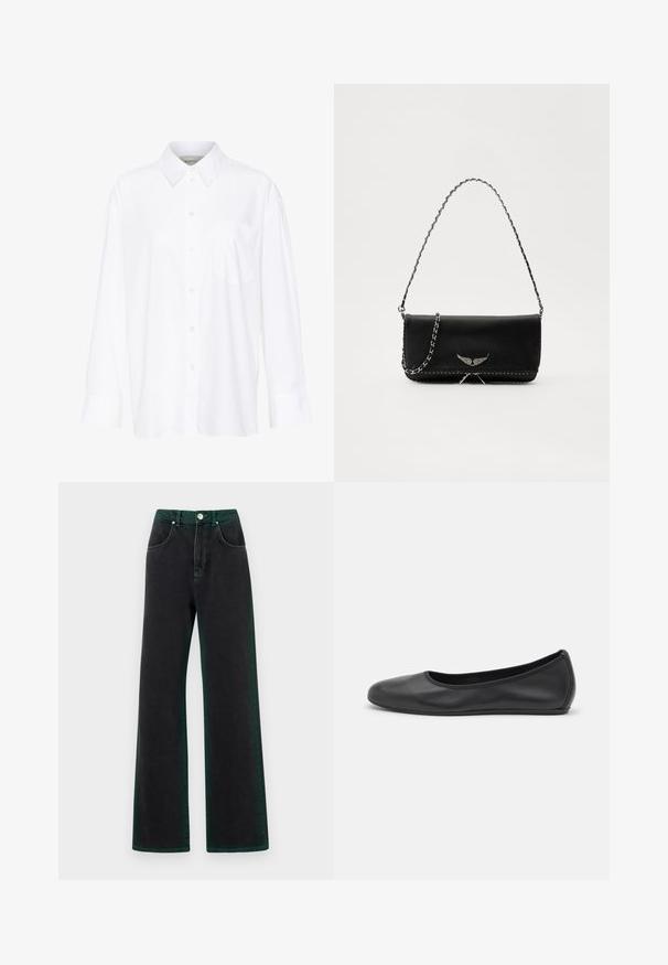 Camisa branca de manga longa com colarinho feita de algodão. Apresenta uma parte frontal com botões e um único bolso no peito. Textura suave, corte descontraído.; Jeans pretos de perna larga com detalhes em verde, feitos de denim, apresentando uma cintura alta, bolsos frontais e fecho com botão de metal.; Bailarina preta em pele com bico arredondado, textura suave, detalhe de costura minimalista e design de sola flexível.; Saco de couro preto com uma alça de corrente prateada, apresentando ornamentos em forma de asas e costura branca ao longo da costura inferior.