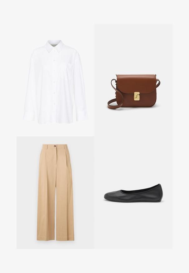 Weißes Langarmhemd mit Kragen aus Baumwolle. Verfügt über eine durchgehende Knopfleiste und eine Brusttasche. Glatte Textur, lockere Passform.; Beige weite Hosen aus einem glatten Stoff, mit einem Knopfverschluss vorne, Falten und einem taillierten Design.; Schwarze Leder-Ballettschuhe mit abgerundeter Spitze, glatter Textur, minimalen Nähdetails und einem flexiblen Sohlen-Design.; Braune Ledertasche mit Klappenverschluss, Beschlägen in Goldfarbe, einem Schultergurt und einer glatten Oberfläche. Kompakte rechteckige Form.