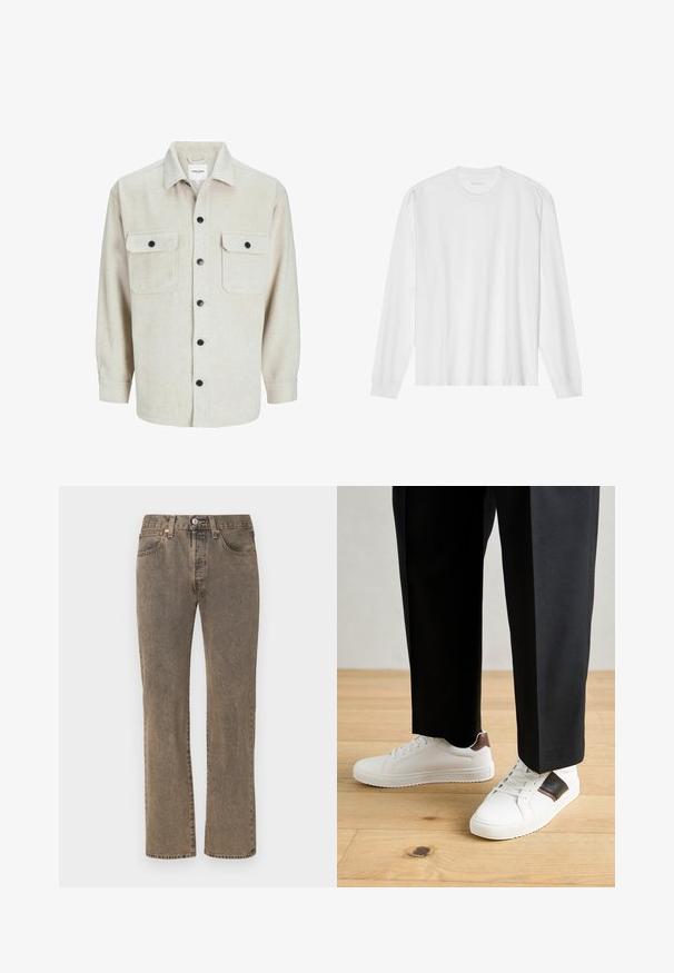 Camisa de flanela bege com gola, apresentando dois bolsos no peito, botões pretos e mangas longas com punhos abotoados.; Camiseta de algodão branca de mangas longas com gola redonda e punhos canelados. Design simples e limpo, apresentando uma textura suave e um ajuste padrão.; Levi's® ORIGINAL - Calças de ganga de perna direita - brown; Ténis brancos com textura suave, apresentando elementos em pele castanha e detalhes em preto, combinados com calças pretas ajustadas. Fundo de chão de madeira.