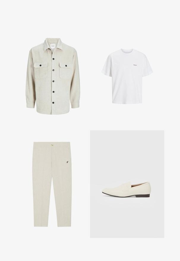 Beež flanellist särk, millel on krae, kahe rinnatasku ja mustade nööpidega, pikaaeline varrukad nööpidega cuffs.; Valge puuvillane T-särk lühikeste varrukatega, ümmarguse kaelusega, mille vasakul eespool on väike must trükitud logo "Originals".; Heledad beežid ülikonnadreyd, millel on õrn tekstuur, nööpkinni ja tumedat embleemi tikand tasku lähedal.; Heledadbeez loafers, millelise lõpp, sile materjal, rihm üle vampi ja madal pruun talla. Lihtne disain minimaalse aktsentidega.