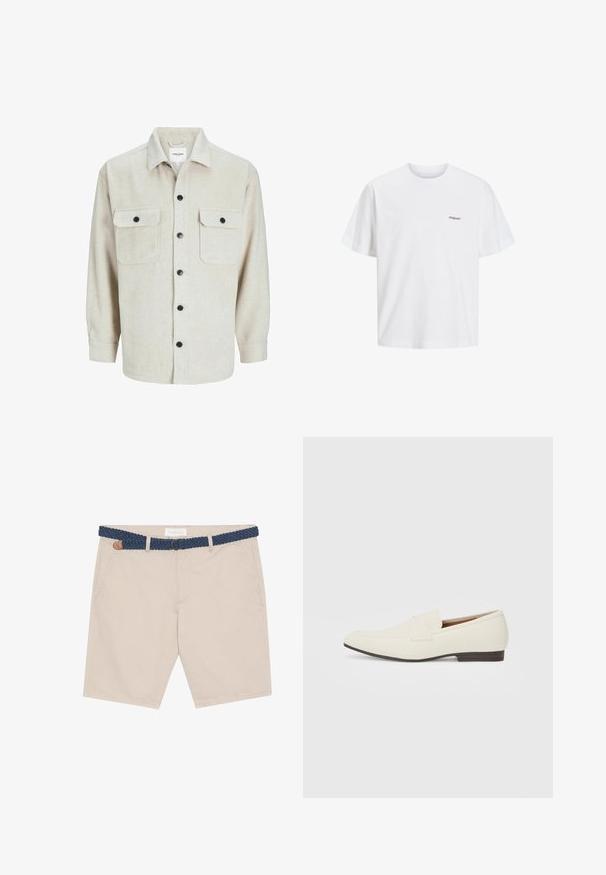 Chemise en flanelle beige avec un col, dotée de deux poches poitrine, de boutons noirs et de manches longues avec des poignets à bouton.; T-shirt en coton blanc à manches courtes, col rond, arborant un petit logo noir imprimé « Originals » sur le côté gauche à l'avant.; Shorts beiges avec une ceinture tressée bleue. Comprend des poches avant, un accent en cuir marron et un design décontracté adapté aux temps chauds.; Mocassins beige clair avec un bout pointu, en matériau lisse, une sangle sur le devant et une semelle basse marron. Design simple avec des accents minimalistes.