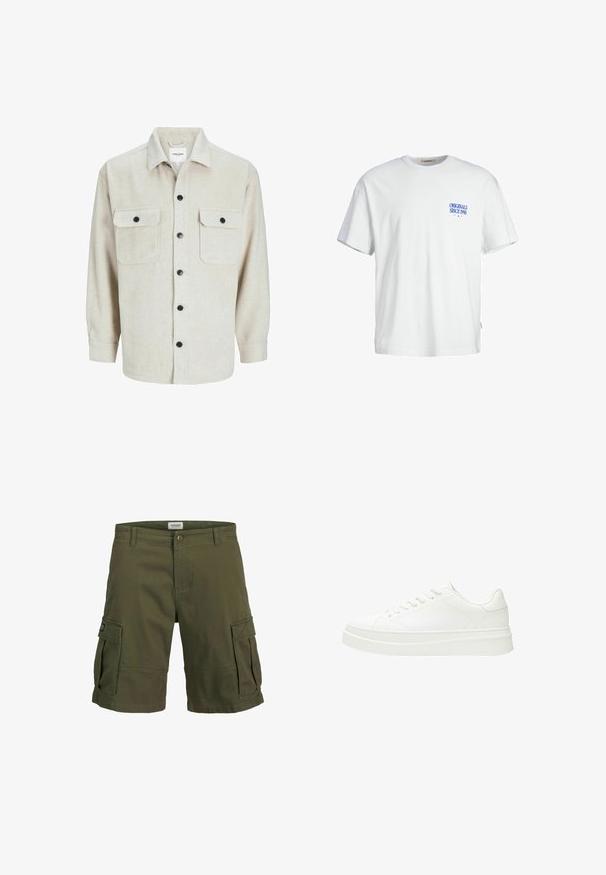 Bežová flanelová košile s límcem, obsahující dvě náprsní kapsy, černé knoflíky a dlouhé rukávy s zapínáním na knoflíky.; Bílý bavlněný tričko s volným střihem, s modrým textem "ORIGINALS SINCE 1990" na levé straně hrudi a tkanou nášivkou na boku.; Olivově zelené cargo šortky vyrobené z bavlny, s dvěma velkými bočními kapsami, zapínáním na knoflík a rovnou siluetou.; Bílá teniska s hladkým koženým svrškem, plochými tkaničkami a silnou gumovou podrážkou. Minimalistický design obsahuje jemné švy a bezšvové detaily.