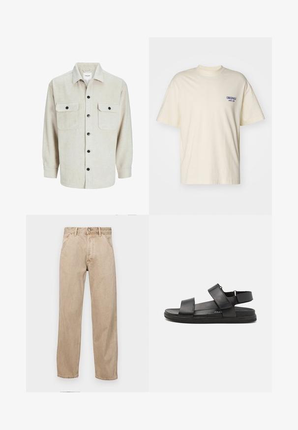 Beige Flanellhemd mit Kragen, das über zwei Brusttaschen, schwarzen Knöpfen und langen Ärmeln mit geknöpften Manschetten verfügt.; Kurzarm T-Shirt in cremefarbe aus Baumwolle. Mit einem kleinen blauen "ORIGINALS" Logo auf der linken Brust. Klassische Passform und Rundhalsausschnitt.; Beige Denim-Jeans mit geradem Beinschnitt, ausgestattet mit Vordertaschen, einem Metallknopfverschluss und feiner Textur.; Schwarze Ledersandalen mit zwei breiten Riemen über dem Fuß, verstellbarem Fersenriemen und einer strukturierten Gummisohle für besseren Halt.