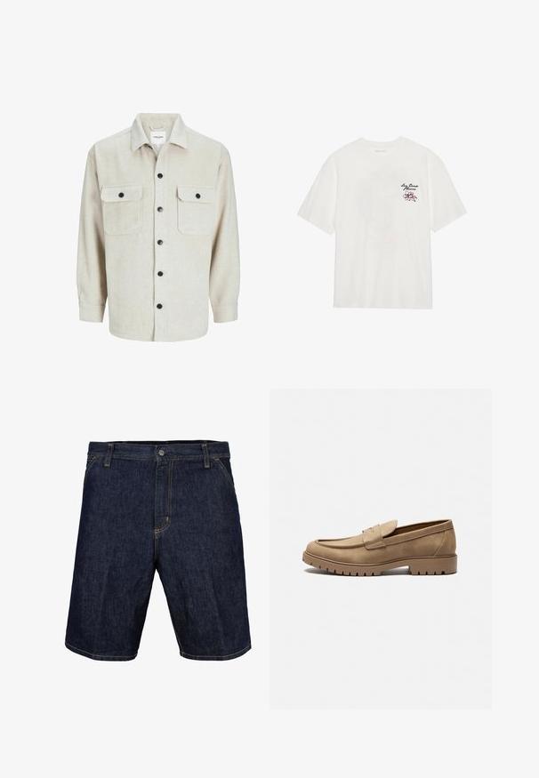 Bēža flaneļa krekls ar apkakles dekoltē, ar divām krūšu kabatām, melniem pogām un garām piedurknēm ar pogu aprocēm.; Balta kokvilnas t-krekls ar īsām piedurknēm un apaļu kaklu, ar izšūtu ziedu dizainu rozā un melnā krāsā kreisajā krūšu daļā.; Tumši zilie džinsa šorti ar dzeltenu šuvumu, priekšējā pogā, jostu cilpām un sānu kabatām. Gluda tekstūra, ceļa garuma dizains.; Kastāna zamšādas loafers ar noapaļotu purngalu, plakanu gumijas zolīti un dekoratīvām šuvēm augšpusē. Iekļauj viegli uzvelkamu dizainu bez auklām.