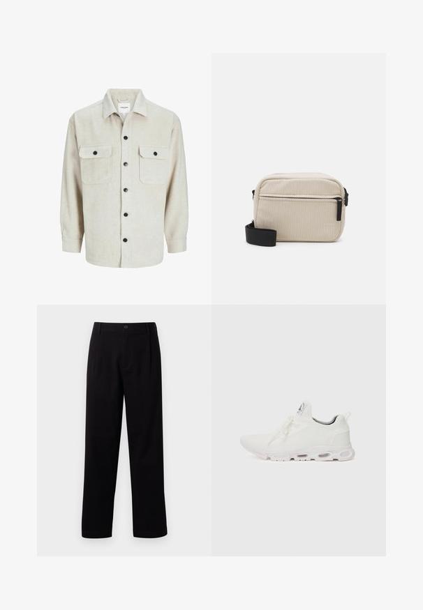 Chemise en flanelle beige avec un col, dotée de deux poches poitrine, de boutons noirs et de manches longues avec des poignets à bouton.; Pantalons en tissu noir avec une coupe droite, des plis avant et une fermeture à un bouton. Texture lisse et sans motifs visibles.; Baskets blanches de sport avec un dessus en maille texturée, des lacets plats et une semelle rembourrée avec des chambres à air visibles pour un soutien supplémentaire.; Sac à bandoulière en velours côtelé crème avec une fermeture éclair noire, une sangle amovible et un motif texturé. Il dispose d'un compartiment principal et d'une poche avant.