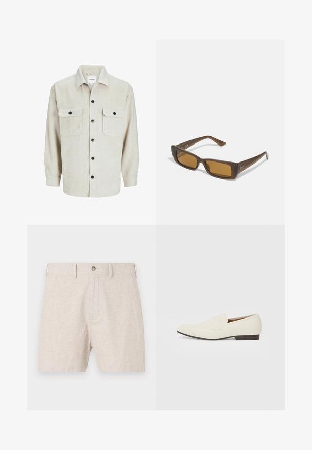 Chemise en flanelle beige avec un col, dotée de deux poches poitrine, de boutons noirs et de manches longues avec des poignets à bouton.; Shorts en lin beige clair, avec un bouton de fermeture et une coupe classique avec une texture subtile. Pas de poches visibles dans le design.; Mocassins beige clair avec un bout pointu, en matériau lisse, une sangle sur le devant et une semelle basse marron. Design simple avec des accents minimalistes.; Lunettes de soleil rectangulaires marron avec des montures marron foncé, des verres teintés ambre et un logo argenté sur la temp temple. Texture lisse et mate.; Collier en perles blanches avec une forme ronde uniforme, surface lisse et fermoir en métal avec une chaîne d'extension pour une longueur ajustable.