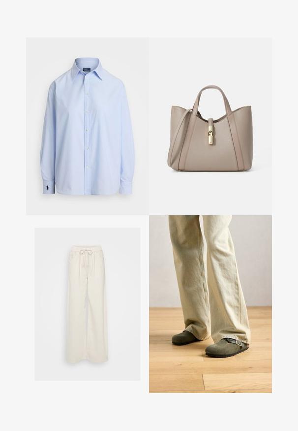 Lyseblå button-up skjorte lavet af bomuld, med lange ærmer, en klassisk krave og et lille broderet logo på venstre manchet.; Cremefarvede bukser med bred ben, lavet af blødt stof med elastisk talje og snoretræk. Har to sidelommer.; Person i lyse beige brede bukser og olivengrønne ruskind slip-on sko med spænde på lys træbund.; Beige læder tote taske med dobbelte håndtag, en guldfarvet lås og struktureret design med kontrasterende glatte og teksturerede paneler.; Pilgrim JACE - Øreringe - gold-coloured