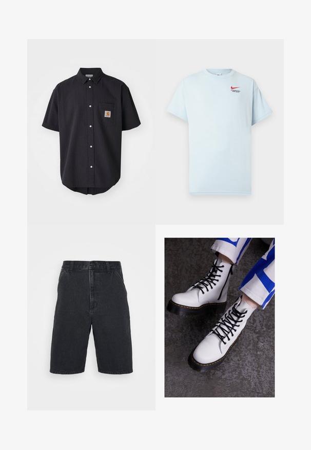 Chemise à manches courtes, à boutons, en tissu texturé bleu marine foncé, dotée d'une poche poitrine à l'avant avec un patch logo carré et des boutons blancs.; T-shirt en coton bleu clair, à manches courtes, col rond, avec un logo Swoosh rouge de Nike. Le texte indique "DEPT. ATHLÉTIQUE FAITES LE."; Shorts en denim noir à coupe droite, dotés d'une fermeture à bouton et de deux poches latérales. Ourlet inachevé avec des détails de décoloration subtils.; Bottines en cuir blanc avec des lacets noirs, une fermeture éclair sur le côté, et une semelle épaisse noire avec des coutures jaunes.