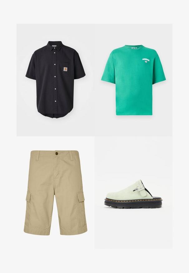 Short-sleeve, button-up shirt in textured dark navy fabric, featuring a front chest pocket with a square logo patch and white buttons.; Green cotton t-shirt with a crew neckline, short sleeves, and embroidered "ADIDAS" logo on the chest, featuring a floral accent below the text.; Beige cargo shorts made of lightweight fabric, featuring a flat front, side pockets, and textured pattern, designed for casual wear.; Light green suede clogs with a rounded toe, adjustable buckle strap, and black textured sole with orange stitching detail.