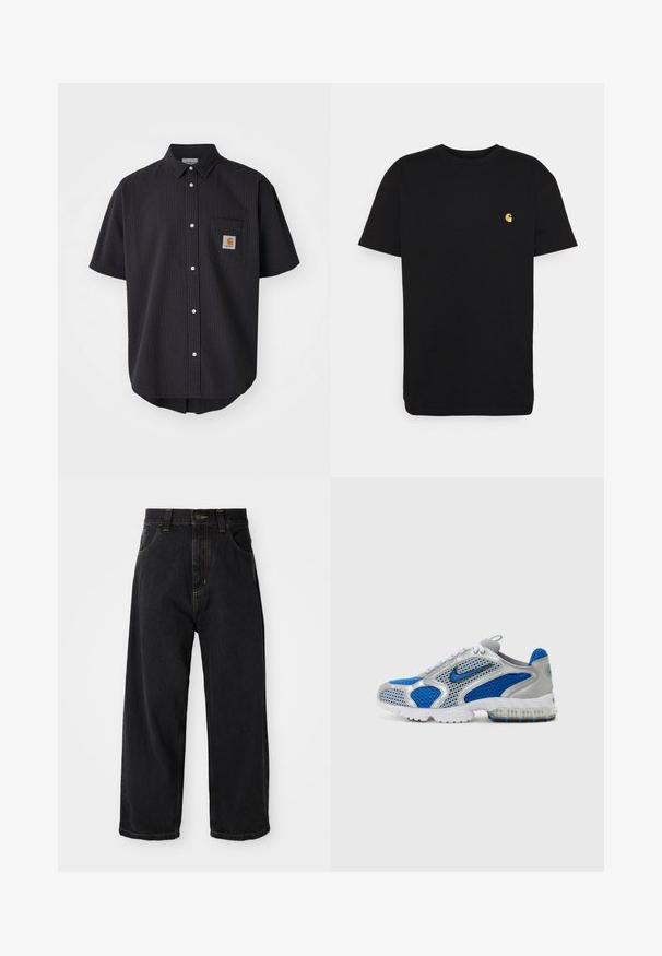 Kratka majica s kratkimi rokavi in gumbnim zapiranjem v teksturiranem temno modrem materialu, z žepom na sprednjem prsnem delu in kvadratno logotipno nalepko ter belimi gumbi.; Črna bombažna majica s kratkimi rokavi, okroglim izrezom in majhnim rumenim logotipom na levi strani prsi. Preprost dizajn in običajen kroj.; Črne široke jeans hlače z visokim pasom, sprednjim gumbom, zadrgo ter rumenim šivom na žepih in šivih.; Modri in srebrni športni čevlji z mrežastimi paneli, podloženim ovratnikom in prozornim podplatom z modrimi detajli. Kontrastne vezalke dopolnjujejo obliko.