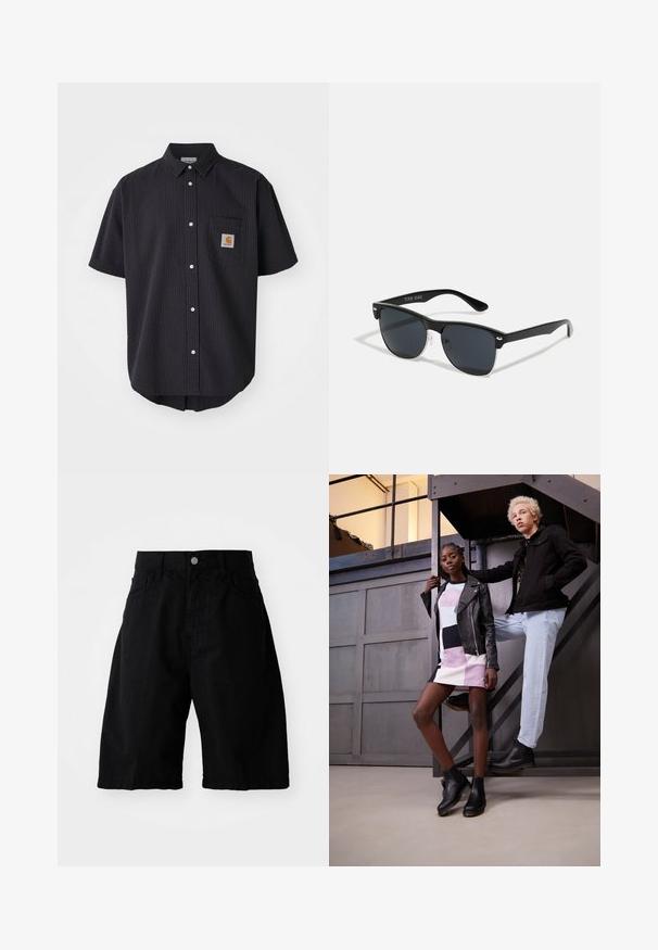 Krátký rukáv, košile na knoflíky z texturované tmavě modré látky, s přední náprsní kapsou a čtvercovou logem a bílými knoflíky.; Bílý bavlněný tričko s krátkými rukávy a kulatým výstřihem, s vyšívaným květinovým motivem v růžové a černé na levé části hrudi.; Černé bavlněné šortky mají uvolněný střih, dvě boční kapsy, zapínání na knoflík a čisté okraje, což je činí vhodnými pro běžné nošení.; Dva modelky pózují na kovovém schodišti. Jedna má na sobě černou koženou bundu přes barevné pruhované šaty a černé kotníkové boty. Druhá má černou bundu, světlé džíny a černé boty.; Černé sluneční brýle s obdélníkovým tvarem, tmavými skly, stříbrnými akcenty na spáncích a matným povrchem rámu.
