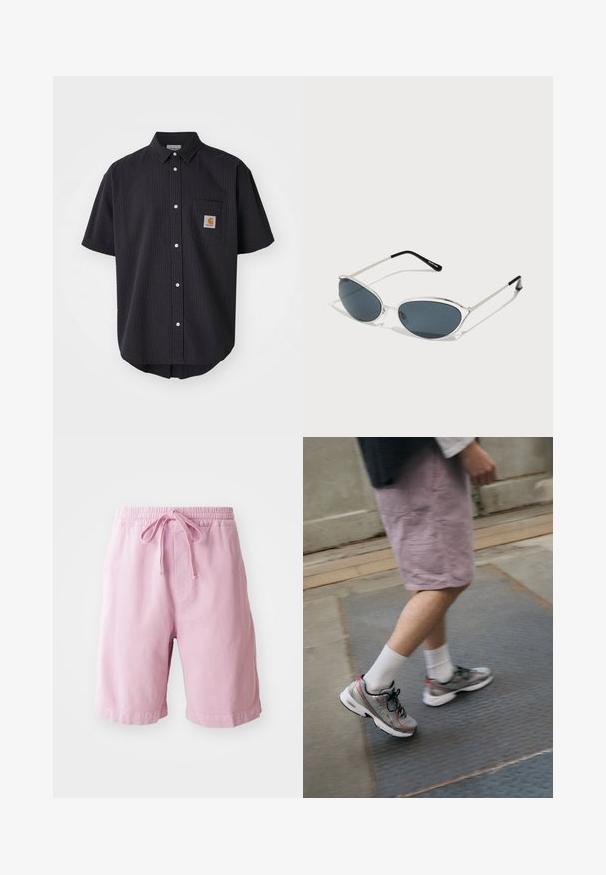 Kurzärmliges, kurz geschnittenes Hemd aus strukturiertem, dunkelblauem Stoff, mit einer Brusttasche vorne, die ein quadratisches Logopatch und weiße Knöpfe aufweist.; Helle rosa Shorts aus Baumwolle, mit einem elastischen Bund und Kordelzug, sowie gerade geschnittenen Beinen mit genähten Saumdetails.; Sport Schuhe in Grau mit roten Akzenten, mit einem Mesh-Obermaterial und gedämpfter Sohle, getragen mit weißen Socken und hellrosa Shorts.; Sonnenbrille mit silbernem Metallrahmen, katzenaugenshape, dunkel getönten Gläsern und schwarzen Spitzen an den Bügeln. Sauberes, minimalistisches Design.