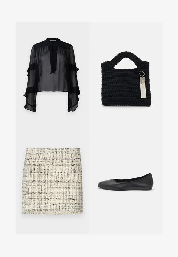 Zwarte doorschijnende blouse met lange, gerimpelde mouwen en een striknek. Gekenmerkt door lichte stof en een losse fit, geschikt voor het dragen in lagen.; Tweed mini-jurk in crème en zwart, met een getextureerd patroon, een rechte snit en een gegolfde zoom voor extra detail.; Zwarte leren ballerina met een ronde neus, gladde textuur, minimale stikdetails en een flexibele zoolontwerp.; Won Hundred MARSIELLE COMPUTER BAG UNISEX - Laptoptas - black