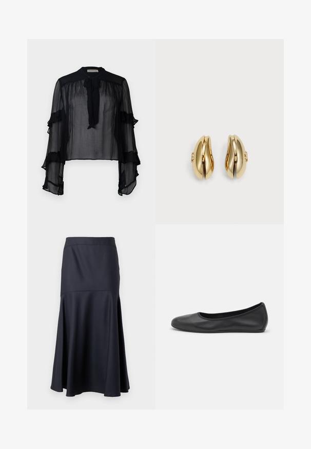Blusa nera trasparente con maniche lunghe a ruches e colletto da annodare. Realizzata in tessuto leggero e con una vestibilità ampia, adatta per essere indossata a strati.; Gonna nera a vita alta di forma A con dettaglio cucito sotto i fianchi, che si allarga verso l'orlo, presentata su uno sfondo neutro.; Pantofole da balletto nere in pelle con punta arrotondata, texture liscia, dettagli di cucitura minimi e design con suola flessibile.; Orecchini in tonalità oro con un design fluido e curvato. Ogni orecchino presenta una superficie liscia e un piccolo gancio con un dettaglio decorativo.